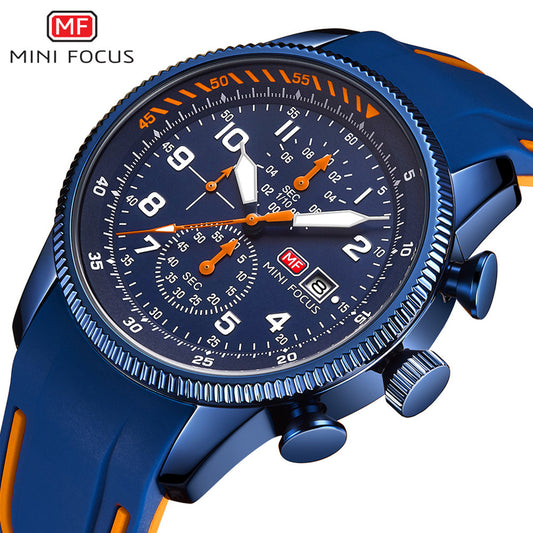 Men Watch, MINIFOCUS Chronograph Luminous Quartz Watch, Waterproof Sport Analog Quartz Watches, Blue Silicon Strap Fashion Wristwatch for Men