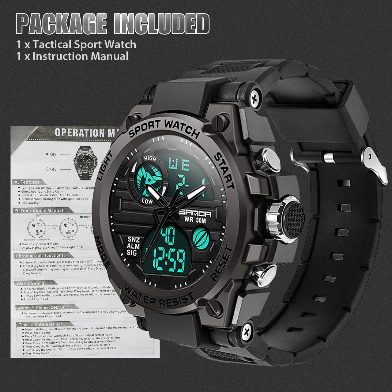 Multi-Functions Dual-Display Tactical Watch for Men with Backlight Alarm Calendar Stopwatch, Waterproof Wristwatch