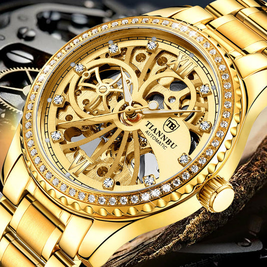 Luxury Mens Stainless Steel Automatic Mechanical Wrist Watch, Gold