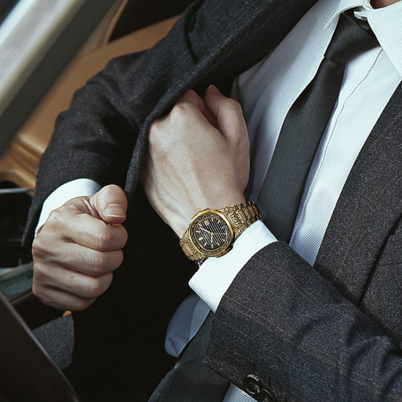 Waterproof Men's Quartz Watch Casual Relojes De Hombre Retro Business Gift, Gold