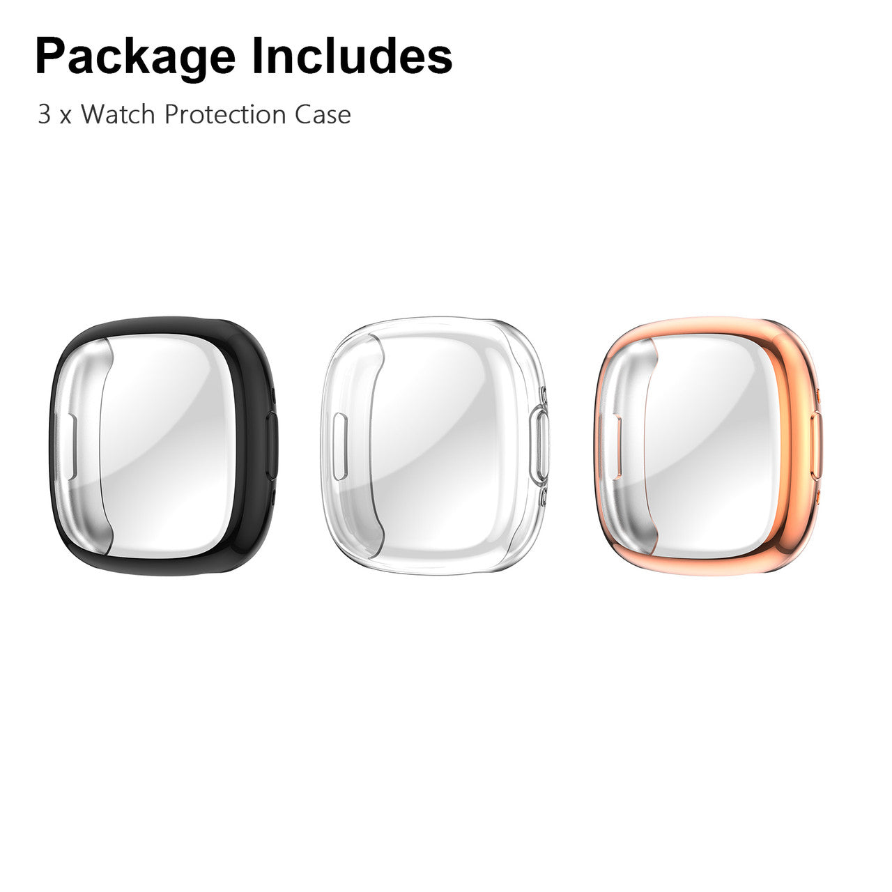 3 Packs TPU Screen Protector Case for Fitbit - Soft Tpu Plated Bumper Shell All-around Full Cover Protective Cases for Sense 2 / Versa 4 Smartwatch, Fitbit Accessory (Gold, Black, Clear)