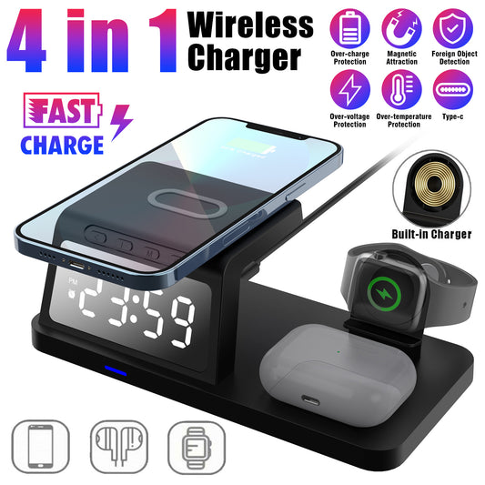 4-in-1 Wireless Charger Station Desk - with LED Digital Alarm Clock , Type C charging port,15W Fast Charger for Iphone & Apple Watch & Airpods & Android (Black)