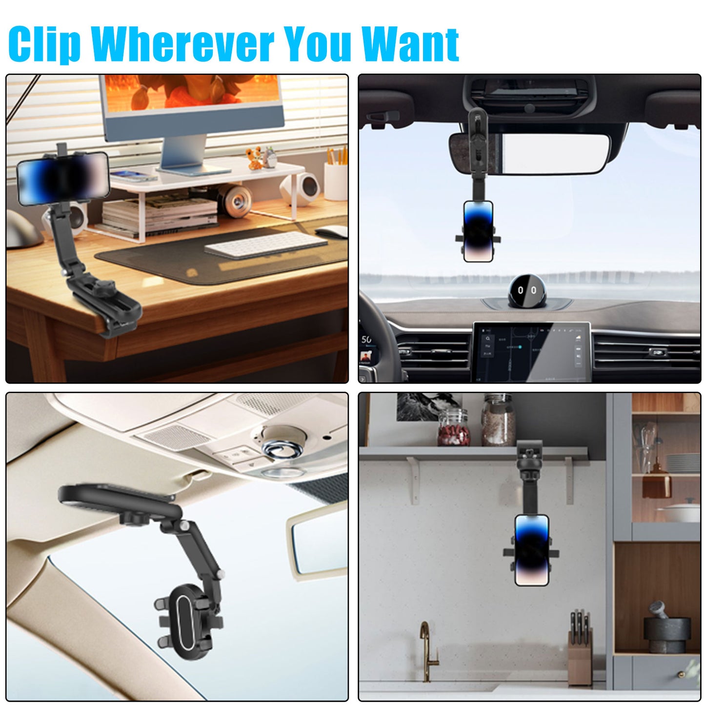 1080° Multifunction Sun Visor Car Phone Holder - multi joint Flexible adjustment Car Phone Holder, Rotatable and Retractable Car Phone Holde, Sun Visor Cell Phone Holder Compatible with All Phones (Black)