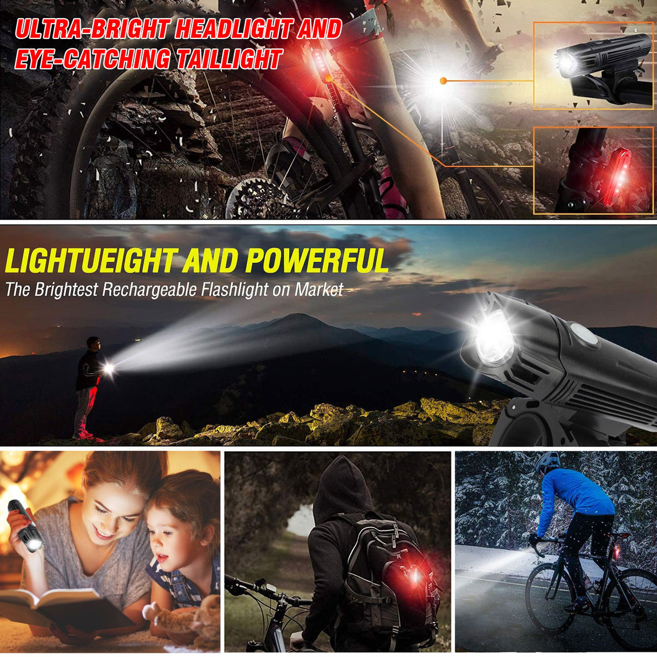 USB Rechargeable LED Bike Light Set, Bicycle Headlight and Taillight Kit, with Mounting Bracket and 4 Light Modes, Waterproof for Kids Men Women Cycling Hiking Camping or Any Outdoor Activity