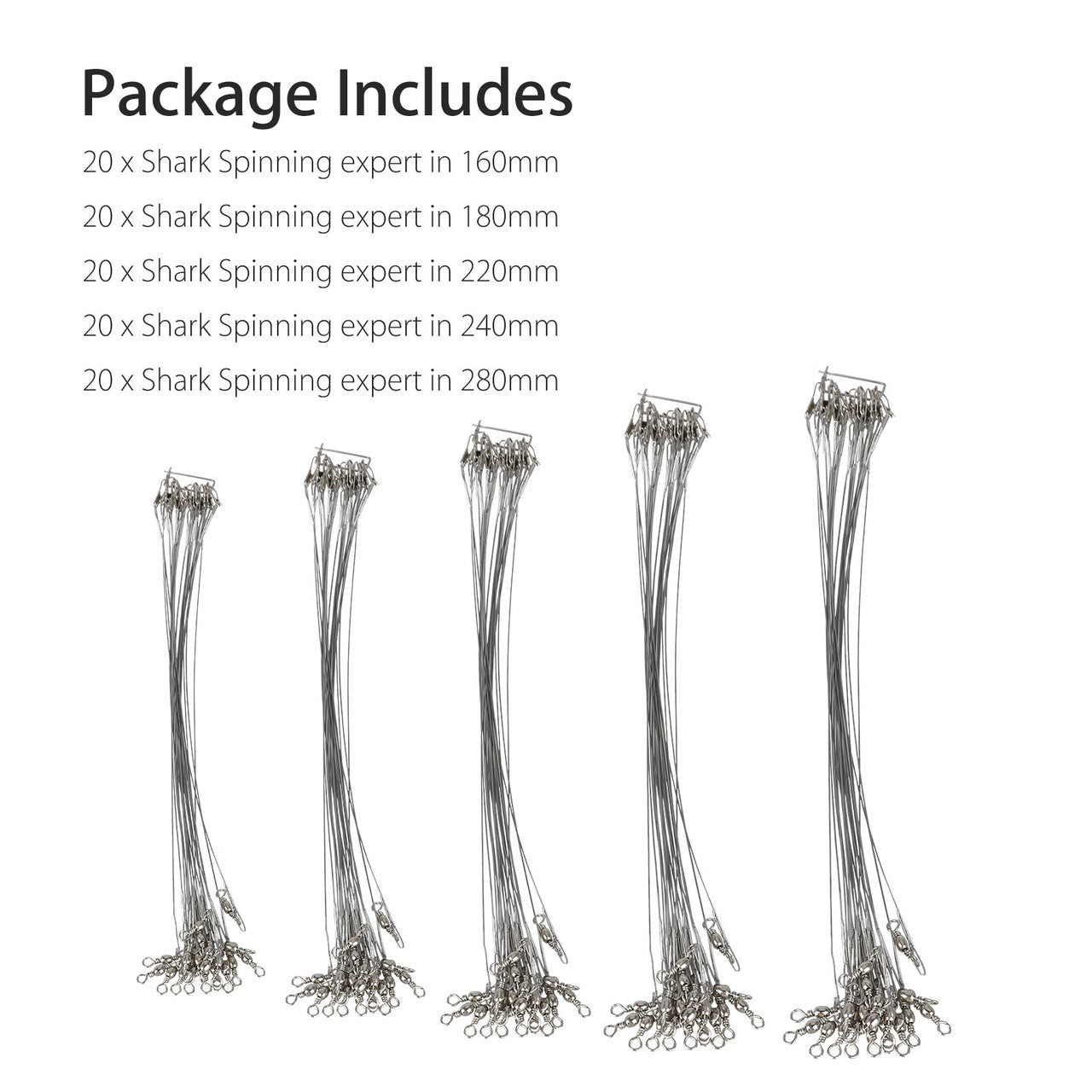 Fishing Wire Leaders Stainless Steel Fishing Line Wire Leaders with Swivels and Snaps, 5 Size Wire Leader Hook Rig 6.3inch, 7inch, 8.6inch, 9.4inch, 11inch, 100pcs