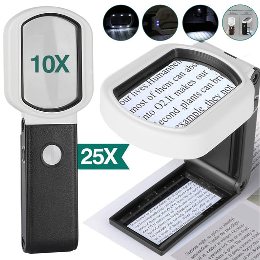 Illuminated Magnifying Glass Detachable Glass Lens 10X 25X Large Handheld Lighted Magnifier with 9 LED Lights for Seniors Macular Degeneration Lens for Reading, Inspection, Jewellery, Hobbies & Crafts