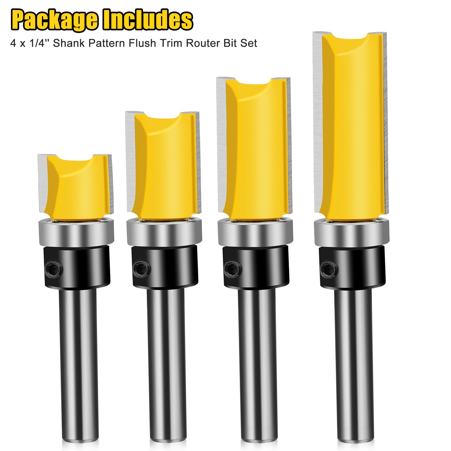 4pcs 1/4'' Shank Pattern Flush Trim Router Bit Set