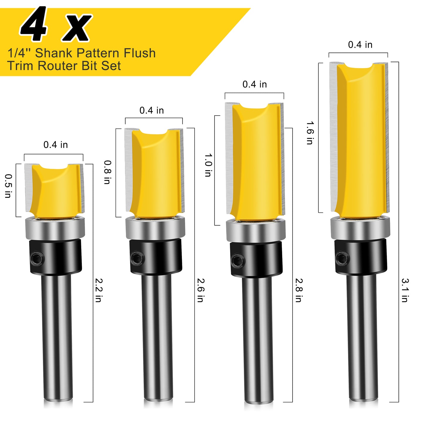 4pcs 1/4'' Shank Pattern Flush Trim Router Bit Set
