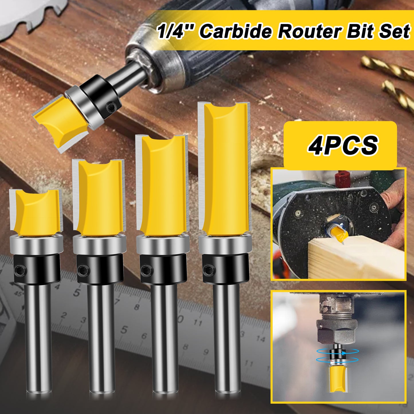 4pcs 1/4'' Shank Pattern Flush Trim Router Bit Set