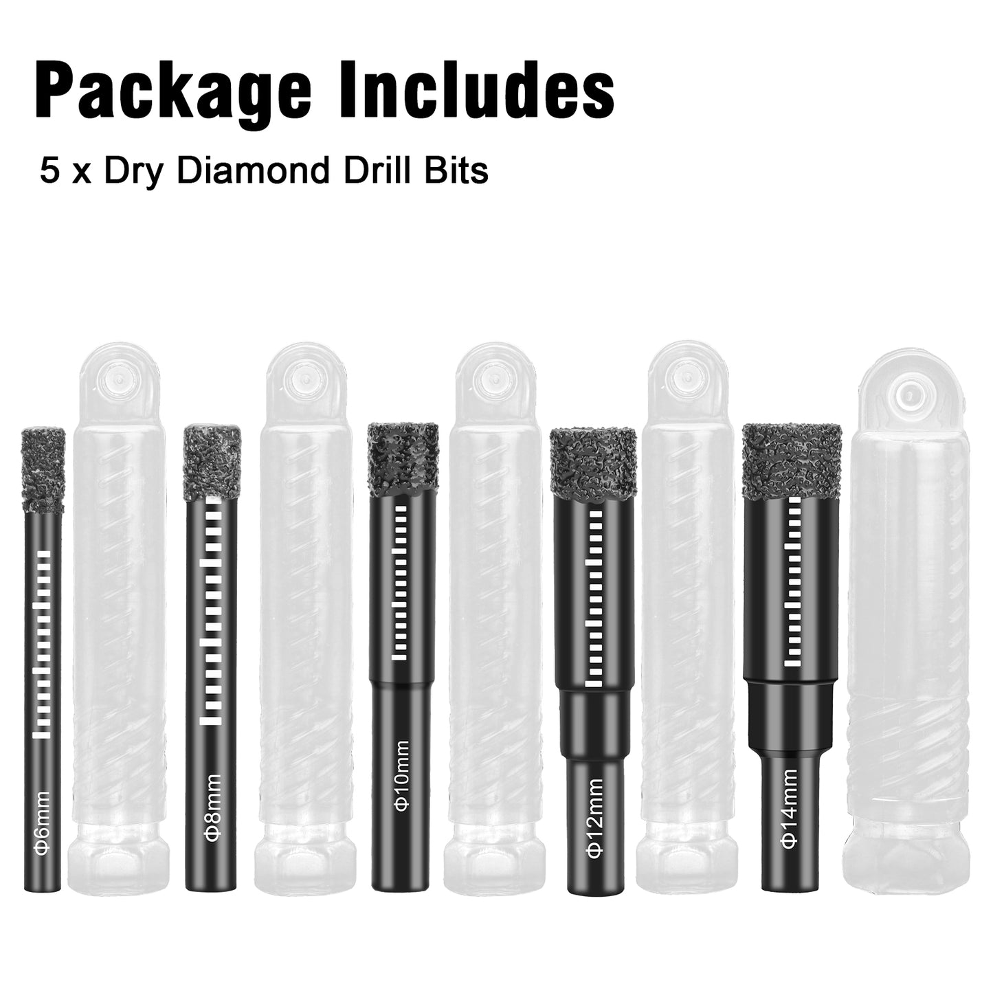 5 pcs Diamond Drill Bits Set-Core Drill Bits for Hard Materials - Ideal for drilling in tough materials like tiles, porcelain, granite, ceramic, glass, mirrors, marble, stone, masonry, and brick (not suitable for wood),Sizes 6mm, 8mm, 10mm, 12mm, and 14mm