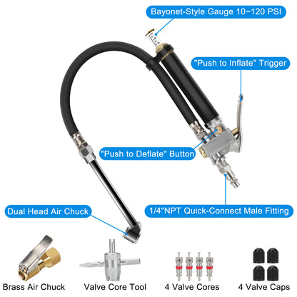 Tire Inflator with Dual Head Pressure Gauge (10-120 PSI) - Precision Inflation and Deflation for Cars, Trucks, and Motorcycles 1/4" NPT - 12" Hose