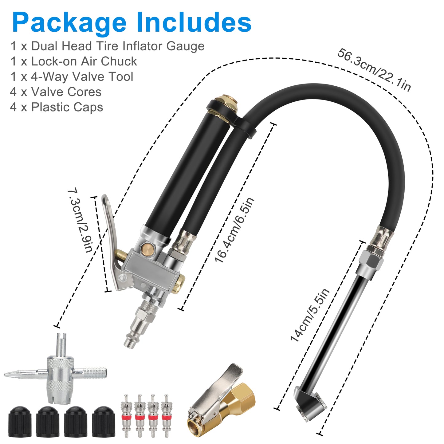 Tire Inflator with Dual Head Pressure Gauge (10-120 PSI) - Precision Inflation and Deflation for Cars, Trucks, and Motorcycles 1/4" NPT - 12" Hose