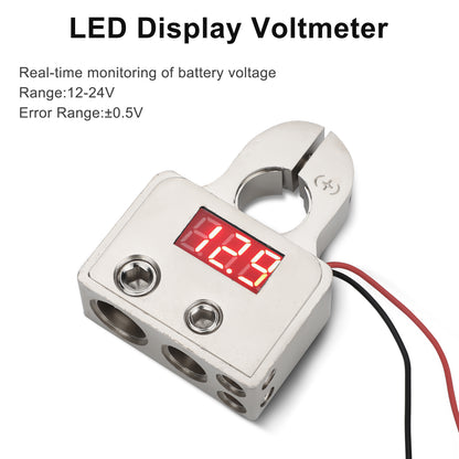 2 Pcs Car Battery Terminal Connectors Kit - featuring a built-in LED Display Voltmeter. Ideal for 0/4/8/10 gauge AWG, this kit offers the versatility to connect multiple terminals of different sizes, enhancing safety and reliability