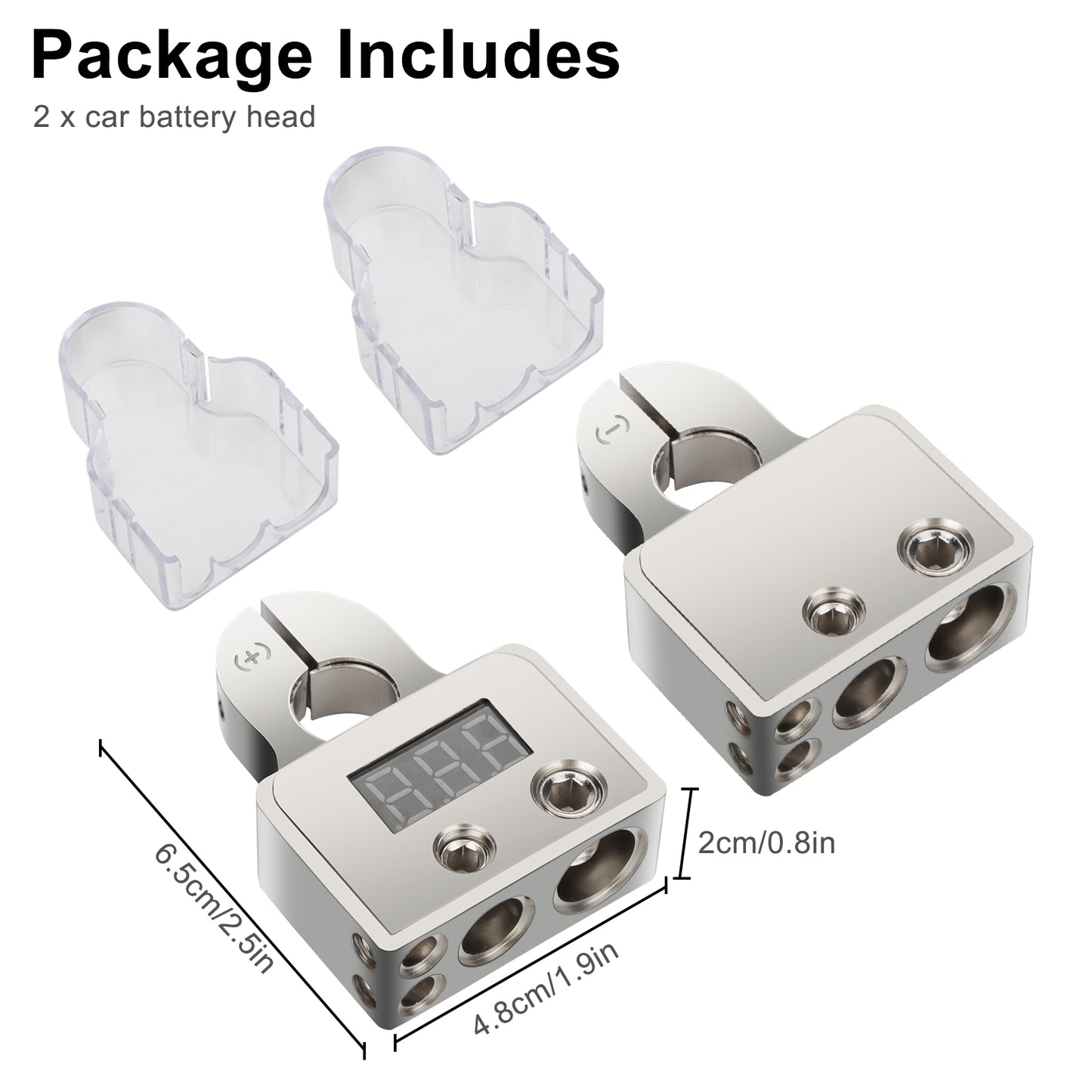 2 Pcs Car Battery Terminal Connectors Kit - featuring a built-in LED Display Voltmeter. Ideal for 0/4/8/10 gauge AWG, this kit offers the versatility to connect multiple terminals of different sizes, enhancing safety and reliability