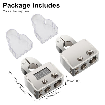 2 Pcs Car Battery Terminal Connectors Kit - featuring a built-in LED Display Voltmeter. Ideal for 0/4/8/10 gauge AWG, this kit offers the versatility to connect multiple terminals of different sizes, enhancing safety and reliability