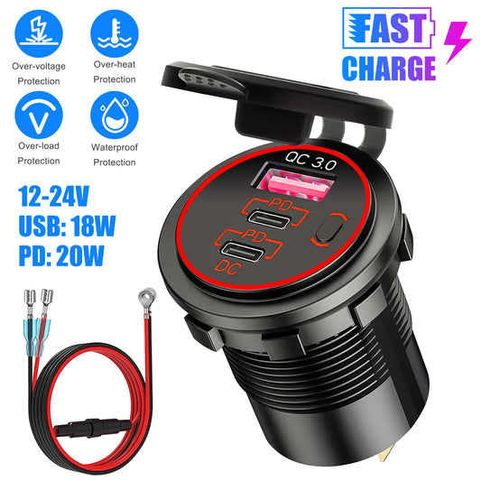 USB C Outlet Charger - Two 20W USB-C PD and 18W QC3.0 Socket Waterproof Power Outlet 12V/24V with Power Switch for Car Boat Bus Truck RV Motorcycle