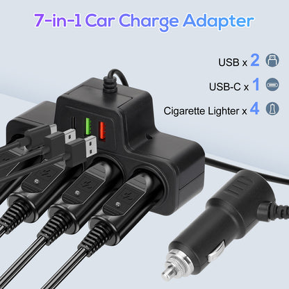 7-in-1 120W High Power Fast Charging Car Charger Adapter with 4-Way Splitter and Triple USB Ports for 12V/24V Vehicles (Black)