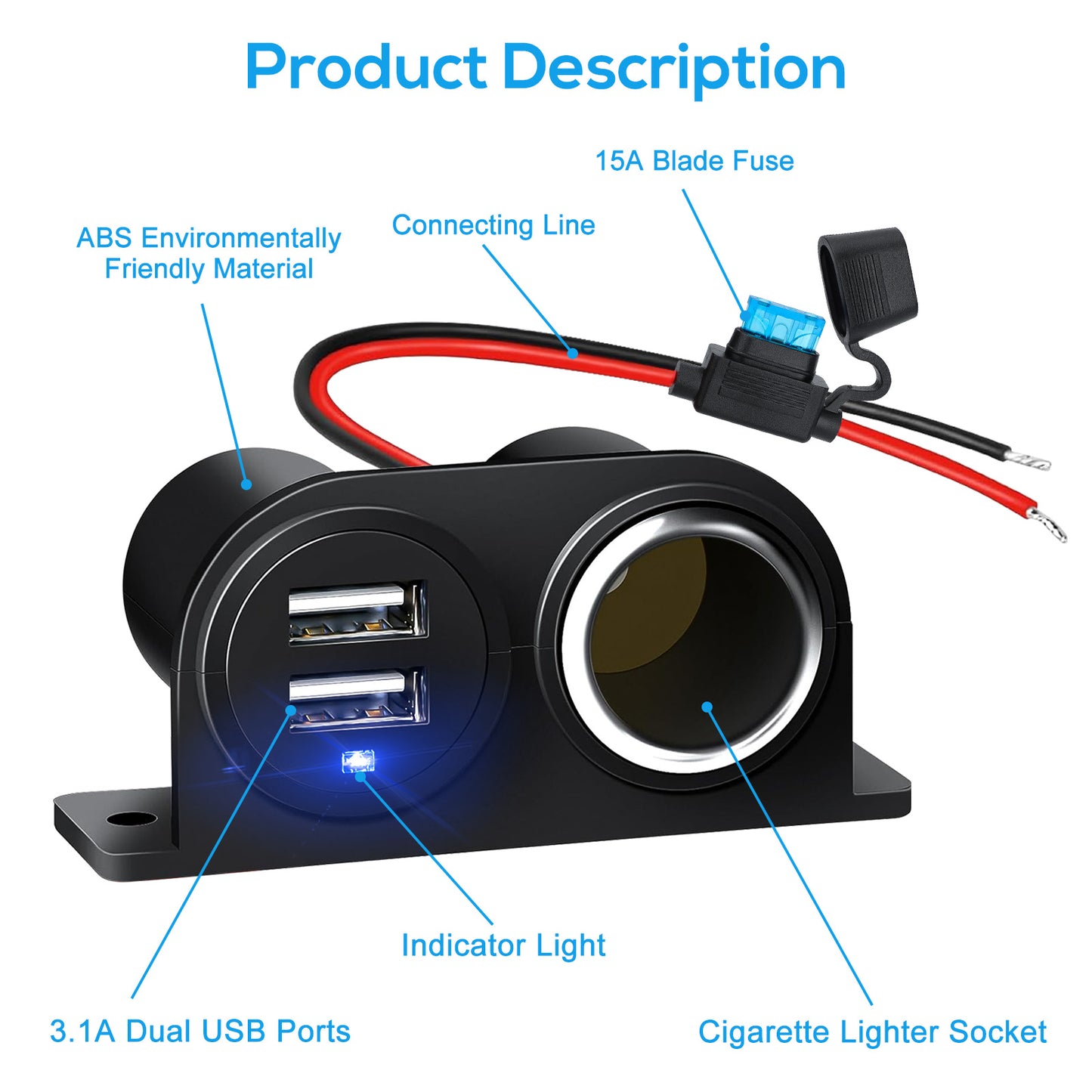 2PCS Dual USB Outlet Cigarette Lighter Socket Splitter with Blade Fuse - 12V 4.2A Fast Charging,15A Blade Fuse, for RV Marine Boat Motorcycle Truck ATV UTV Van etc