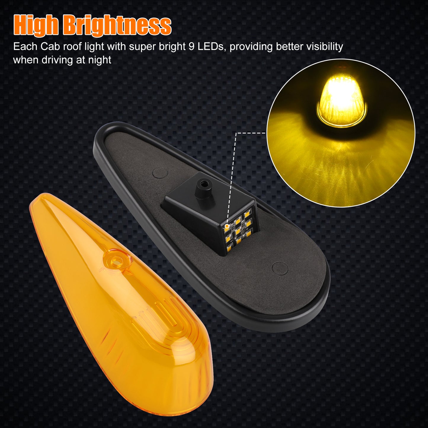 5PCS Amber 9 LED Teardrop Cab Marker Lights Top Clearance Roof Running Light - Easy Install, High Brightness, Long-lasting, IP68 Waterproof ,12V Compatibility, for Trucks, Trailers, RVs
