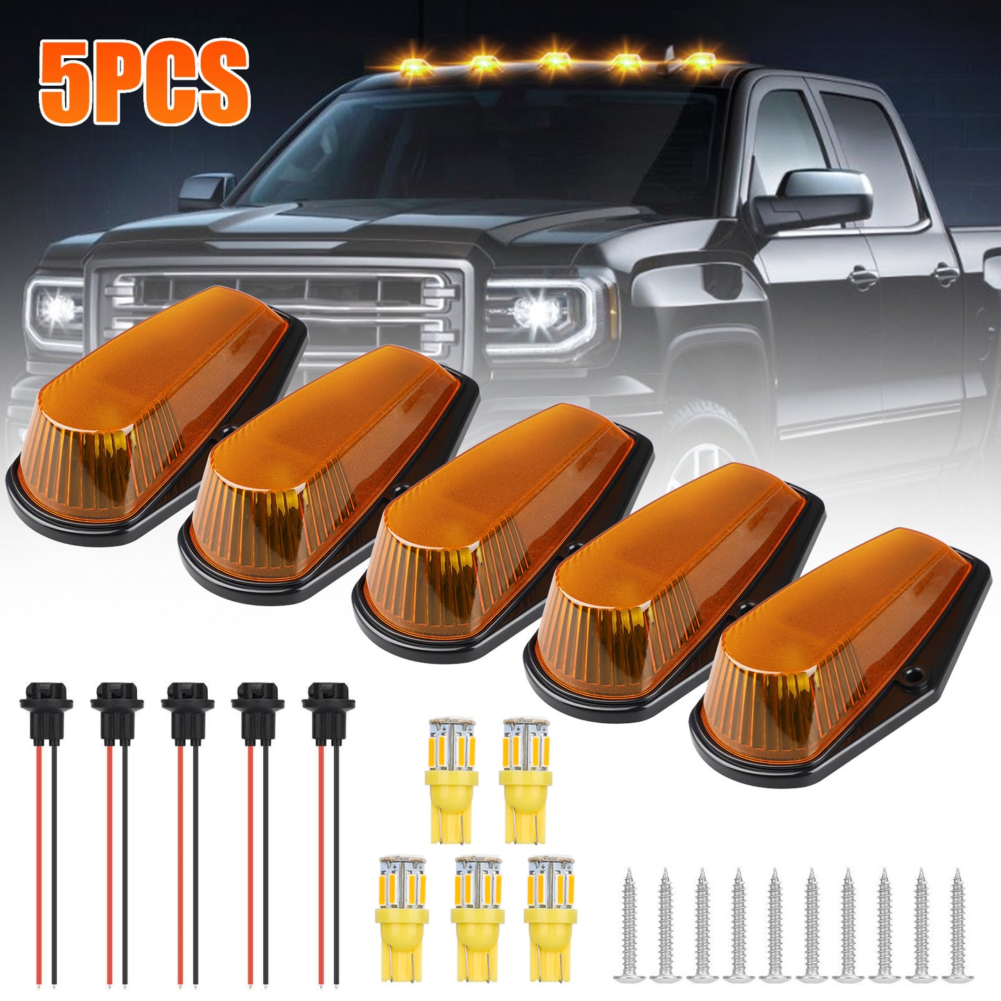 5pcs Amber LED Marker Roof Cab Lights Kit For 1980-1997 Ford F150 F250 F350 - High-Quality Construction, Enhanced Night Vision,Simple Installation