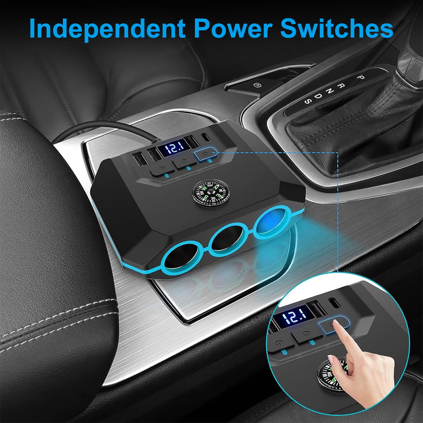 7-in-1 Car Charger Power Adapter - 3 Way Cigarette Lighter Socket Splitter with 4 USB Ports including PD and QC, LED Voltage Display for 12V/24V Vehicles