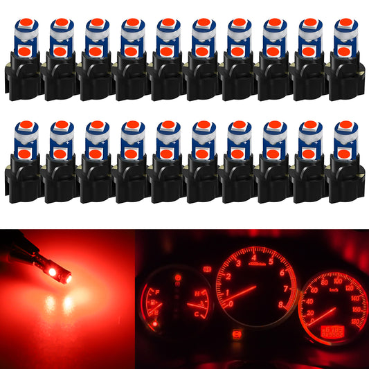 20Pcs T5 SMD-3030 LED Bulbs Dashboard Lights with Sockets Included - Ultra-Bright, Low Power Consumption, Easy Installation，For side markers,speedometer lights, instrument cluster, gauge bulbs etc (Red)