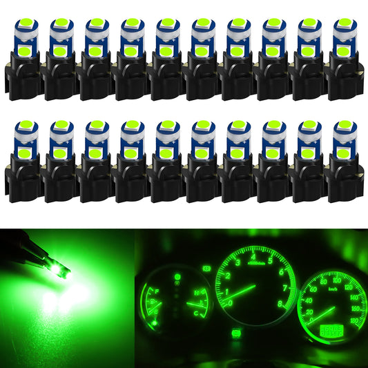 20Pcs T5 SMD-3030 LED Bulbs Dashboard Lights with Sockets Included - Ultra-Bright, Low Power Consumption, Easy Installation，For side markers,speedometer lights, instrument cluster, gauge bulbs etc (Green)