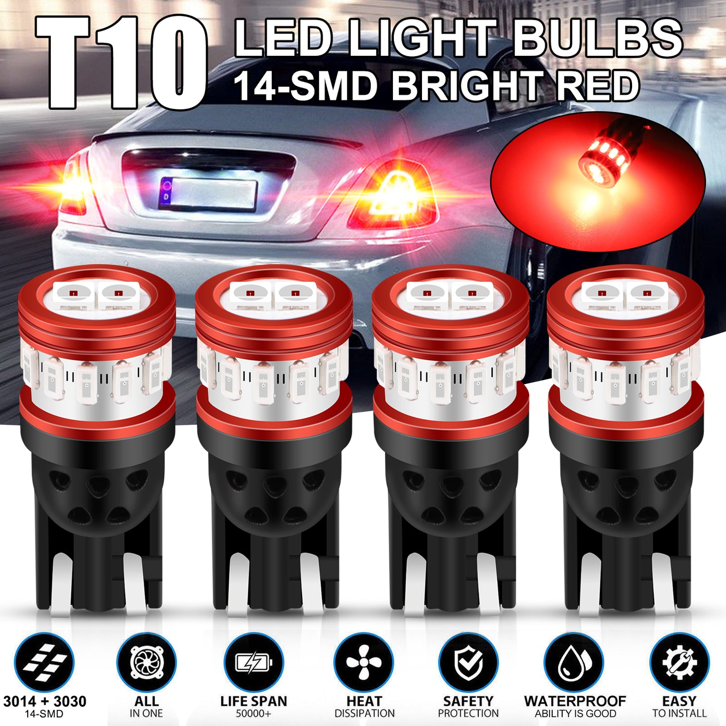 4PCS T10 Red LED Inner Tail Light Bulbs - 800LM,14 LED,360-Degree Shine, Easy Installation - Perfect for License Plate, Tail Lights, Interior Cabin Lights, and More