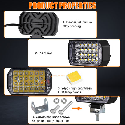 2PCS 4inch  800W LED Work Lights - 24pcs LEDs,10000 Lumens Flood Beam, Waterproof, Easy Installation,Perfect for Trucks, SUVs, Boats, and More