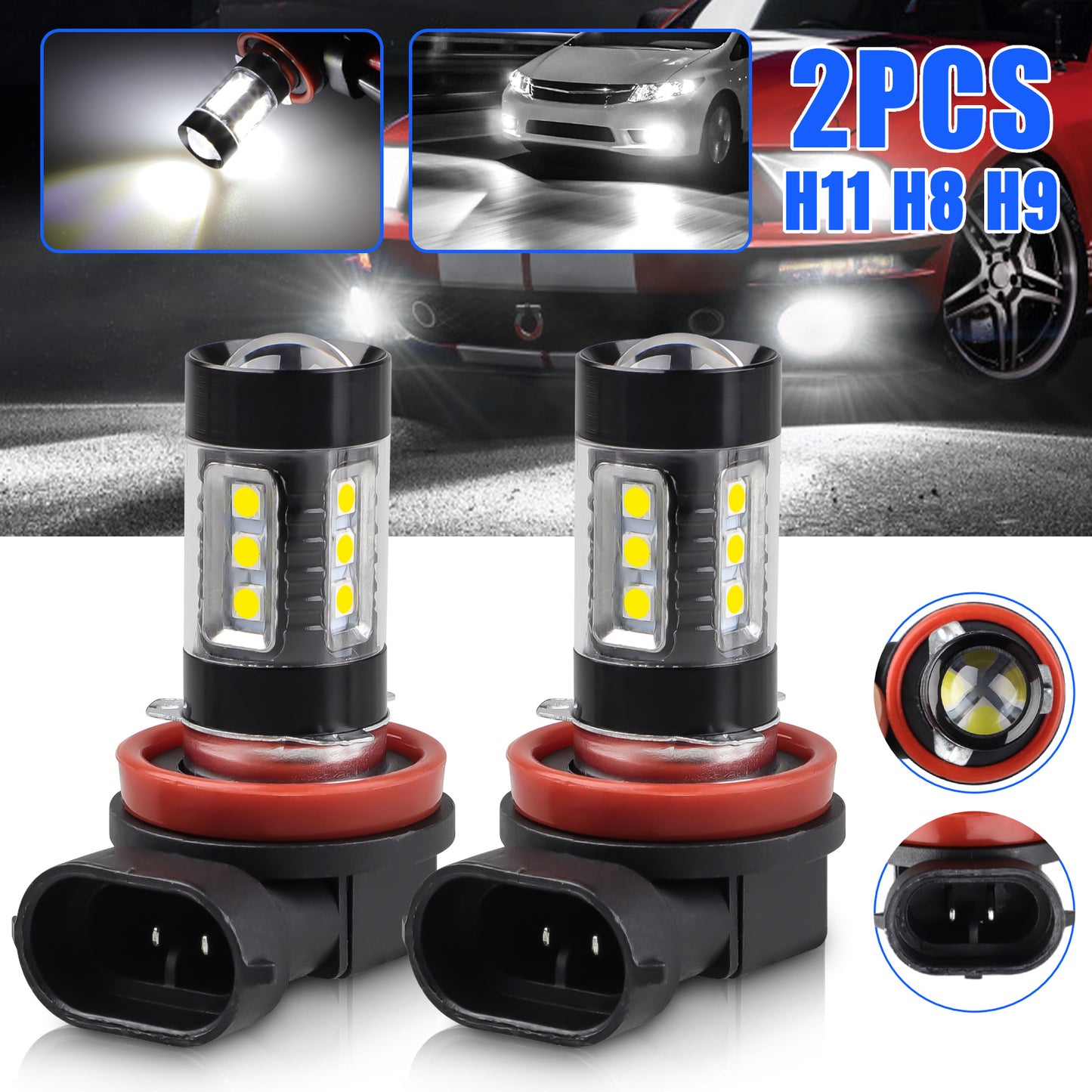 2Pcs H11 H8 LED Fog Light Bulbs - 8000LM 6000K White, 50W 12-24V, 16 SMD-3030 Chips, Glass Lens, Plug & Play, 360° Beam Angle, Direct Replacement for Fog Lights/DRL