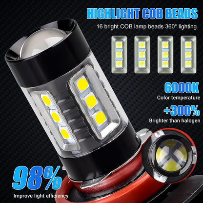 2Pcs H11 H8 LED Fog Light Bulbs - 8000LM 6000K White, 50W 12-24V, 16 SMD-3030 Chips, Glass Lens, Plug & Play, 360° Beam Angle, Direct Replacement for Fog Lights/DRL