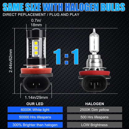 2Pcs H11 H8 LED Fog Light Bulbs - 8000LM 6000K White, 50W 12-24V, 16 SMD-3030 Chips, Glass Lens, Plug & Play, 360° Beam Angle, Direct Replacement for Fog Lights/DRL