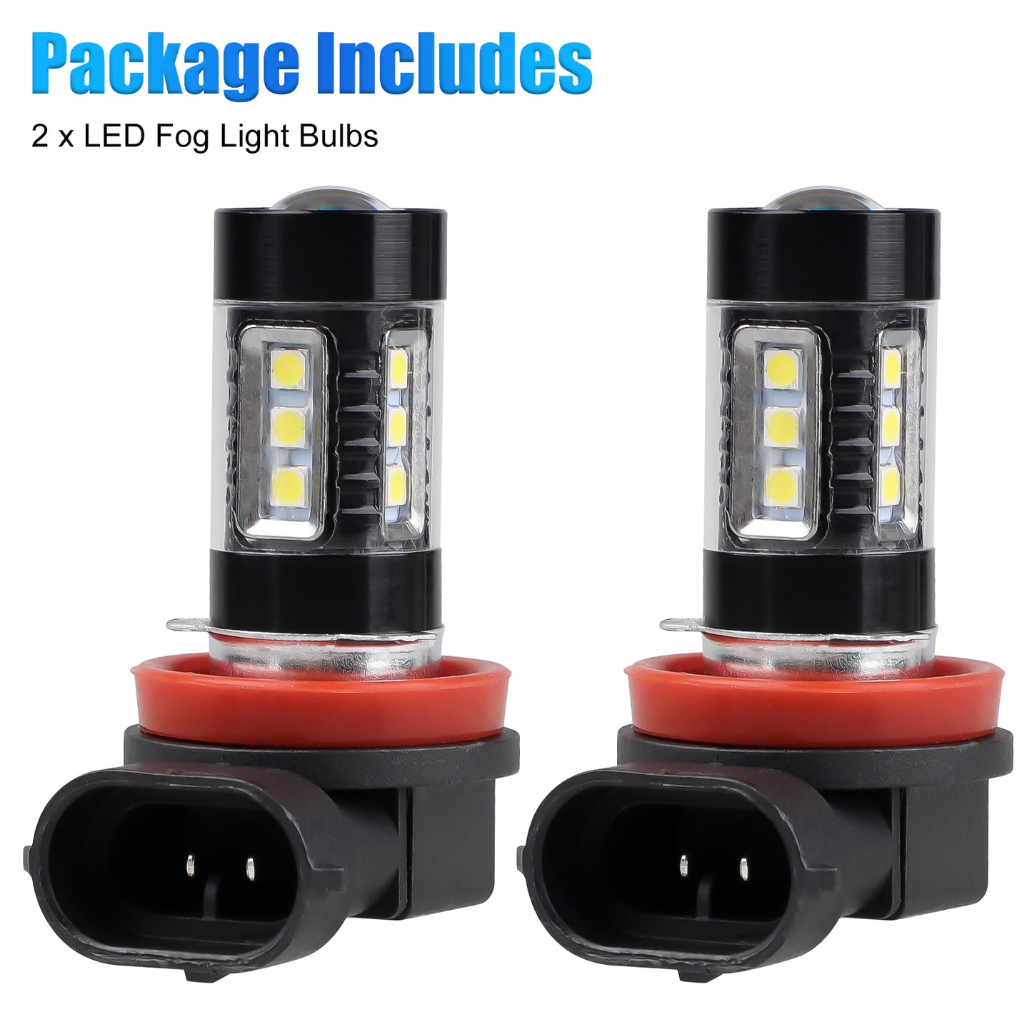 2Pcs H11 H8 LED Fog Light Bulbs - 8000LM 6000K White, 50W 12-24V, 16 SMD-3030 Chips, Glass Lens, Plug & Play, 360° Beam Angle, Direct Replacement for Fog Lights/DRL