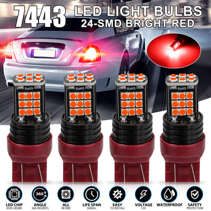 4Pcs 7443 LED Strobe Brake Light Bulbs - 12V, 3030 LED Chips, 50,000 Hour Lifespan,300% Brighter Than Halogen, Aluminum Housing, Non-Polarity, Easy Installation(Red)