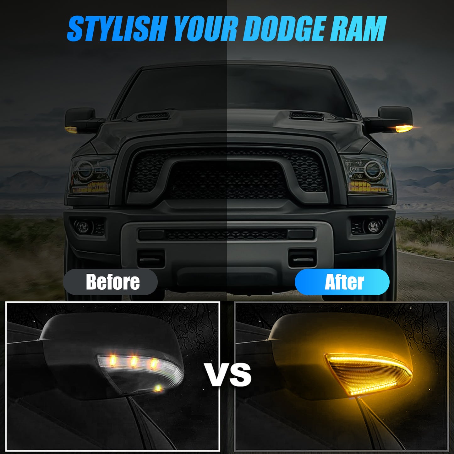 Dual Color LED Side Mirror Marker Signal Lights - Sequential Amber Turn Signals & Running Lights - Compatible with Dodge RAM 1500, 2500, 3500 (2009-2021)