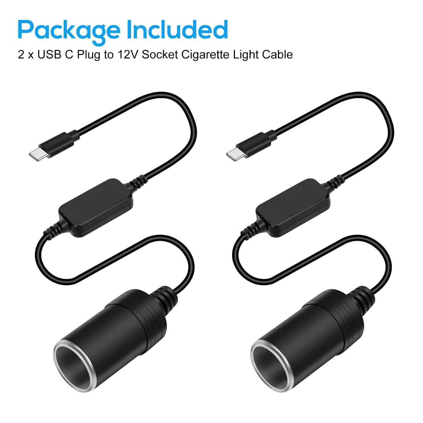 2 PCS USB C to 12V Car Cigarette Lighter Socket Adapter Cable - 1FT Type C to 12V Power Converter for Car Dash Cam, GPS, LED Light Strip - 36W Max