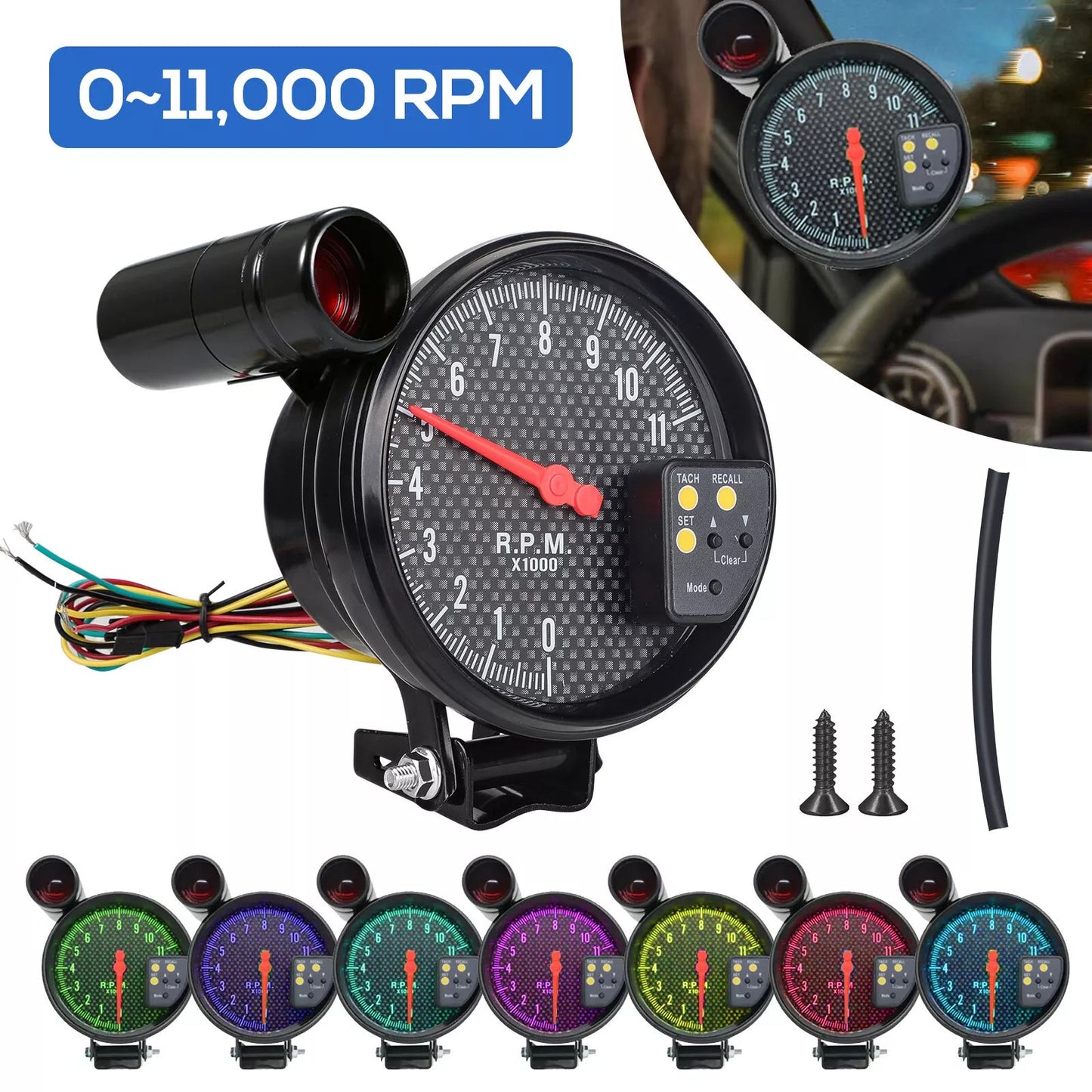 5 inch 7 Color LED Backlit Tachometer Gauge - 0-11000 RPM,Adjustable Shift Light, Compatible with 4/6/8-Cylinder Engines