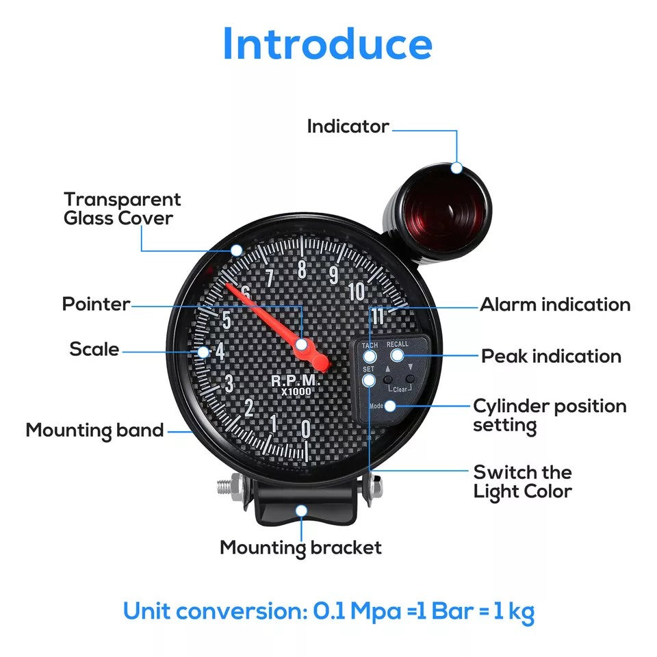 5 inch 7 Color LED Backlit Tachometer Gauge - 0-11000 RPM,Adjustable Shift Light, Compatible with 4/6/8-Cylinder Engines