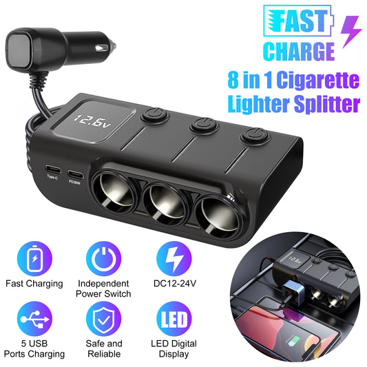 8 in 1 Cigarette Lighter Splitter - Type-C QC3.0 PD36W Dual USB Charging Ports,Car 12V/24V Plug Outlet with Independent Switches,LED Voltmeter,Compatible with iPhone, Samsung, GPS, Dash Cams, and More