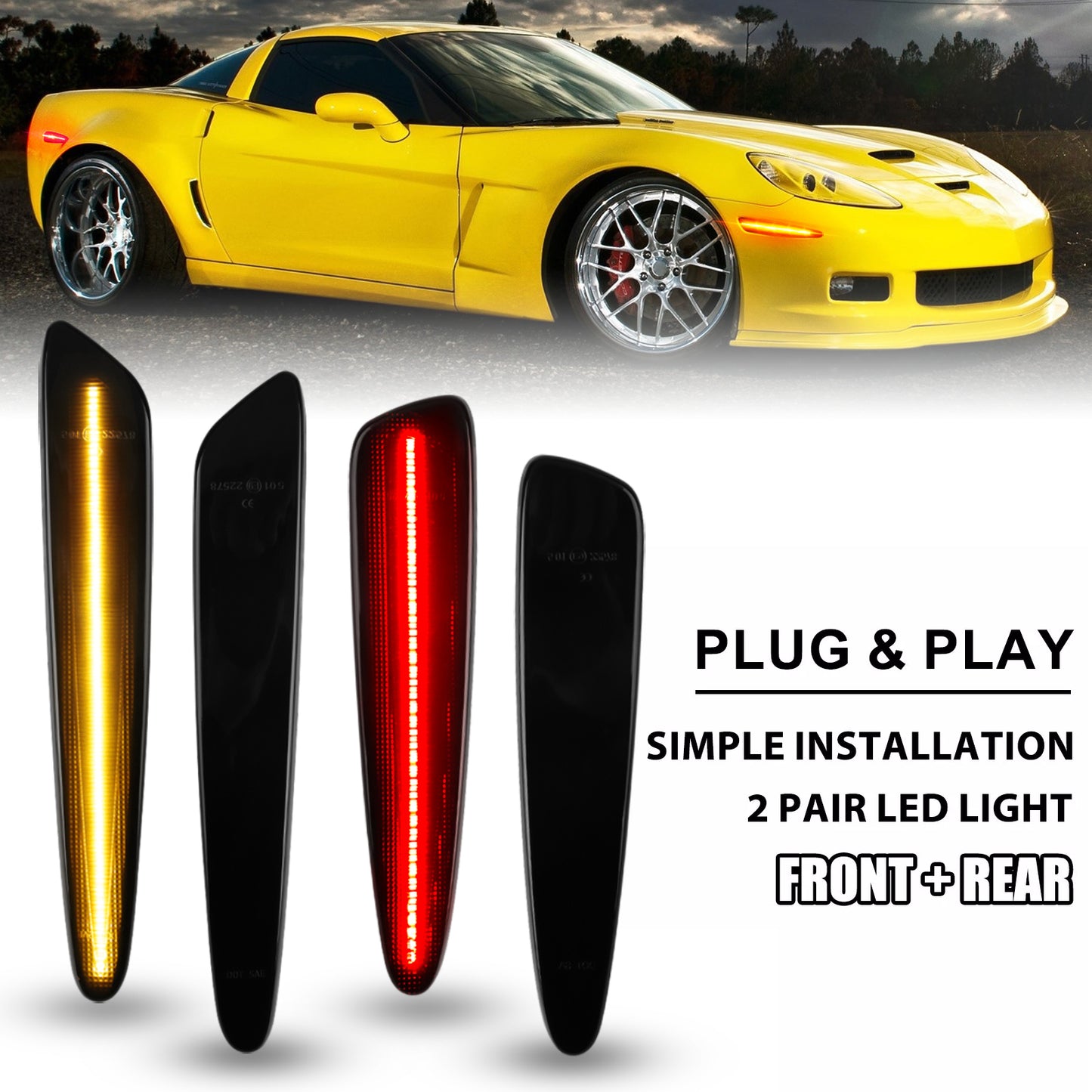 2 Pairs LED Side Marker Light for 2005-2013 Chevy Corvette C6 – Front Rear Turn Signal Lights, Fender Side Marker Lamps, Black Lens with Amber and Red LED Light