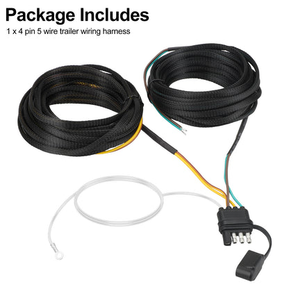 22ft 4 Pin 5 Wire Trailer Wiring Harness - Features color-coded wiring for easy connection of taillights,brake lights,and turn signals,Compatible with RVs, Boats, ATVs, and Utility Trailers