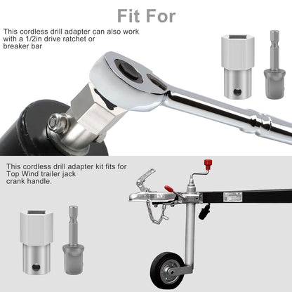 Stainless Steel Top Wind Trailer Jack Crank Handle Cordless Drill Adapter Kit - with 1/2 Inch Socket Adapter Bit