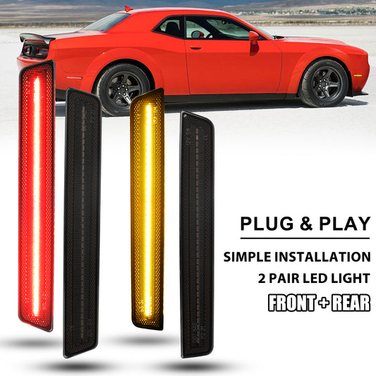 LED Front & Rear Side Marker Lights for 2015-2023 Dodge Challenger - Smoked Lens, Ultra-Bright Amber & Red LEDs,Replace Part Front: 68195788AB, 68195789AB; Rear: 68195796AB, 68195797AB