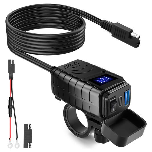 Motorcycle Dual USB Charger Adapter - Dual USB Type C PD & Quick Charge 3.0 Motorcycle USB Charger with Voltmeter & ON/Off Switch, Fast Charger for DC12V-24V vehicles (blue)