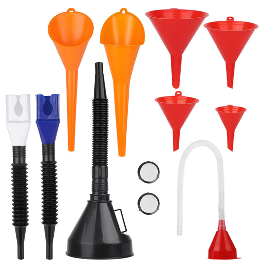 10 Pcs Automotive Funnels Set - Plastic Long Neck Oil Funnels, Snap Funnel, Flexible Right Angle Funnels, Wide Mouth Fuel Funnels for Filling Coolant, Gasoline