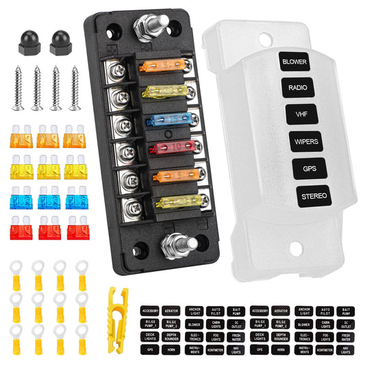 6-Way Blade Fuse Block - for Boat, RV,Car,Truck,Trailer, and  SUV Auto Power Distribution with Protection Cover