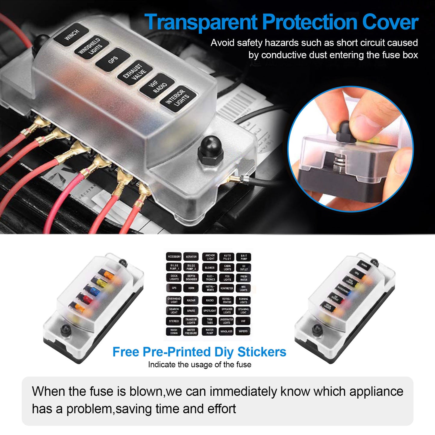 6-Way Blade Fuse Block - for Boat, RV,Car,Truck,Trailer, and  SUV Auto Power Distribution with Protection Cover