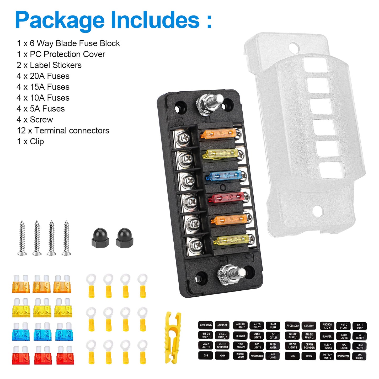 6-Way Blade Fuse Block - for Boat, RV,Car,Truck,Trailer, and  SUV Auto Power Distribution with Protection Cover