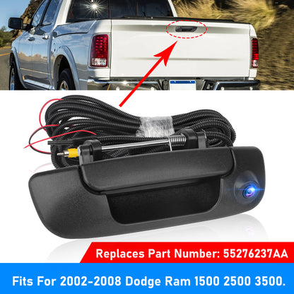 Tailgate Handle Backup Camera for 2002-2008 Dodge RAM 1500 2500 3500 - Tailgate Latch Door Handle, Aftermarket Reverse Rear View Camera, RCA Connector w/ 26 FT Extension Harness