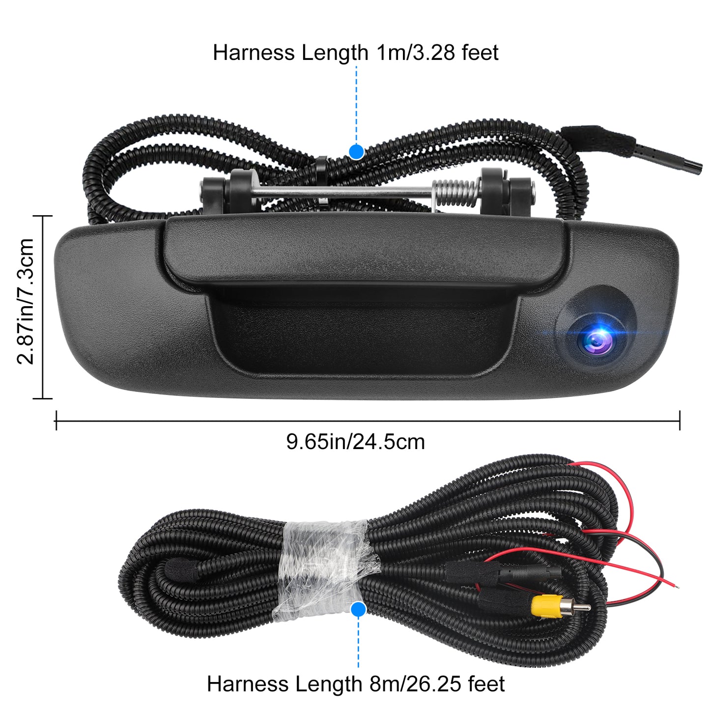 Tailgate Handle Backup Camera for 2002-2008 Dodge RAM 1500 2500 3500 - Tailgate Latch Door Handle, Aftermarket Reverse Rear View Camera, RCA Connector w/ 26 FT Extension Harness